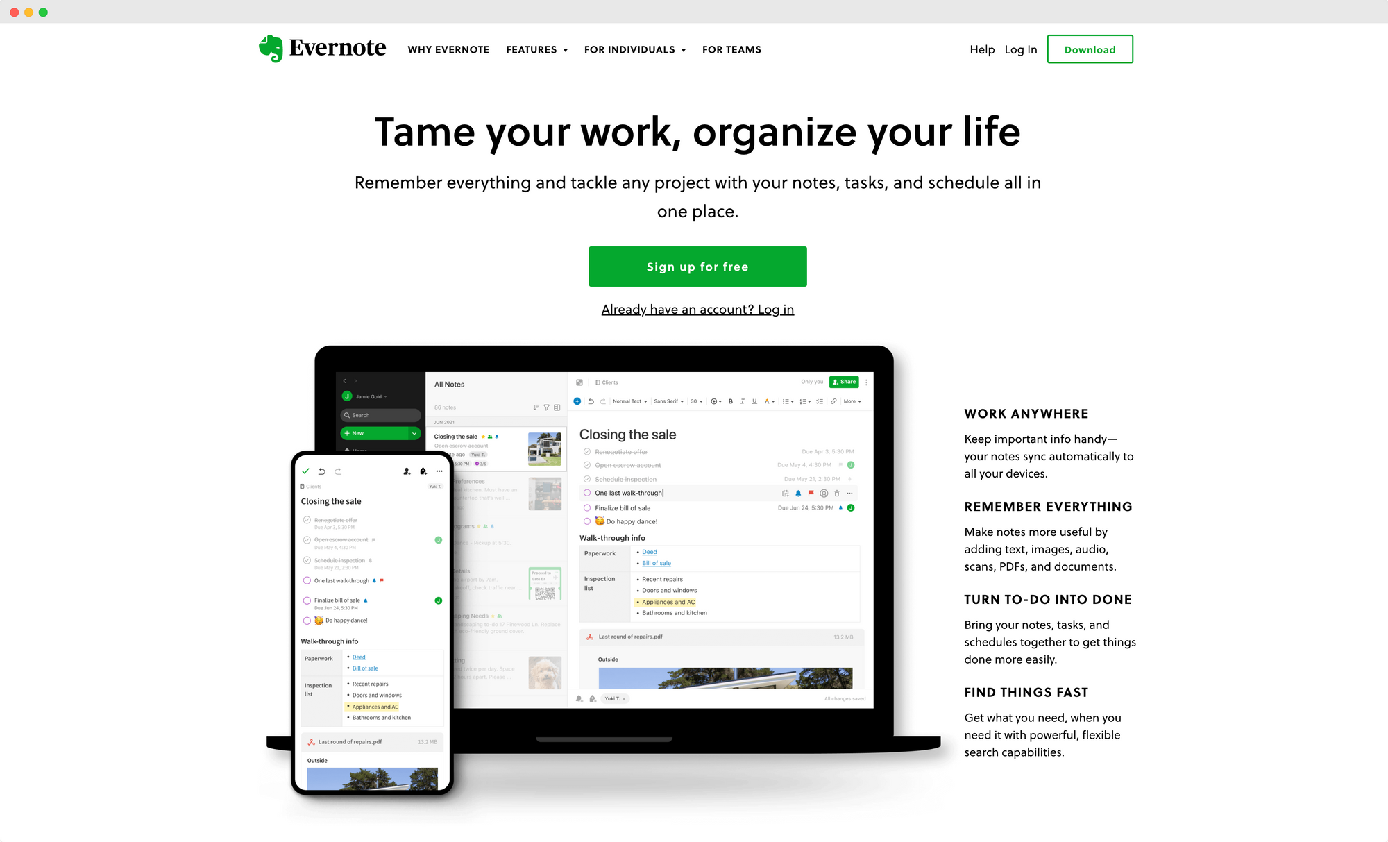 Evernote homepage showcasing organizational tools for notes and tasks