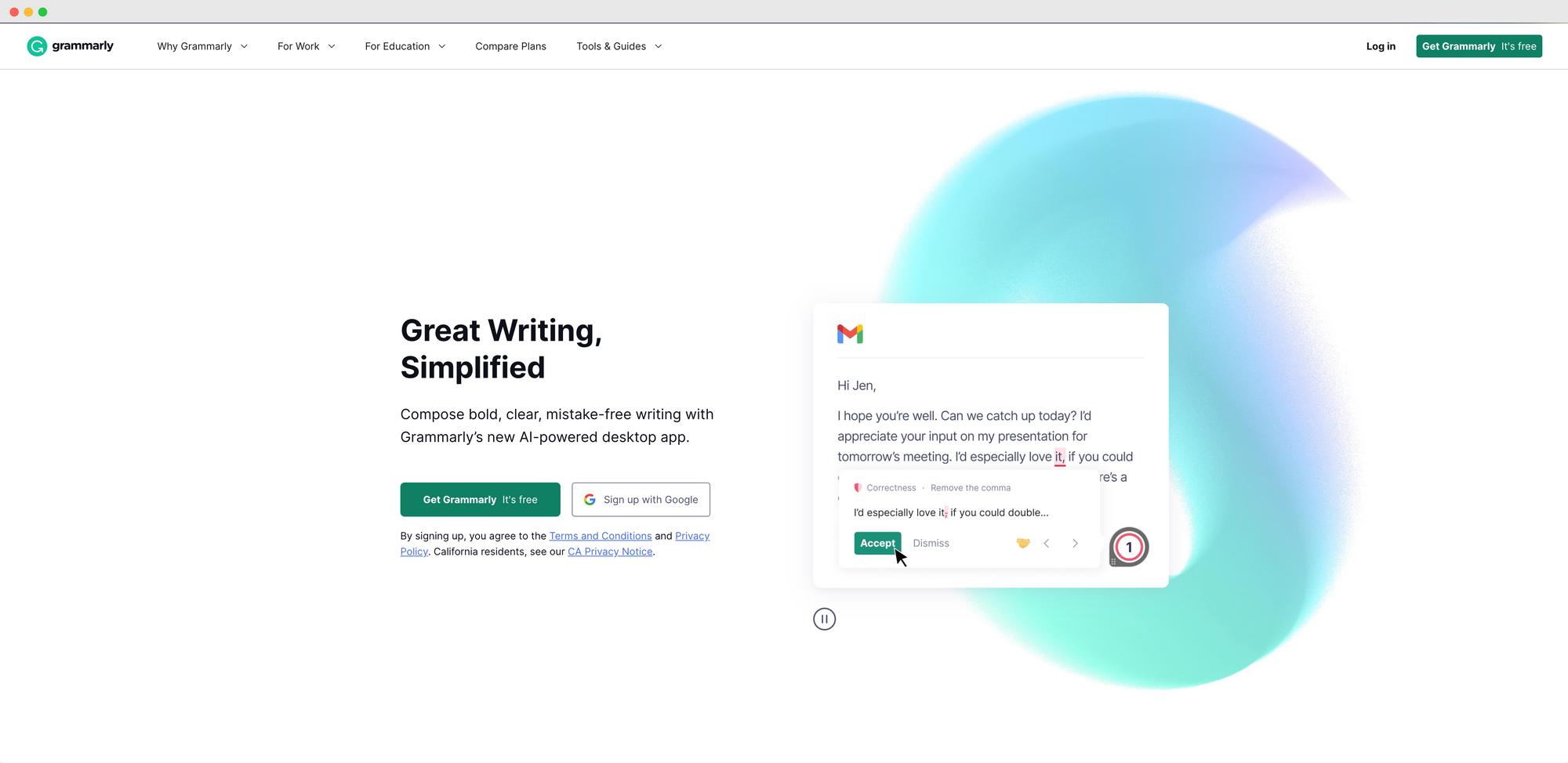 Grammarly homepage showcasing text editing features with AI suggestions