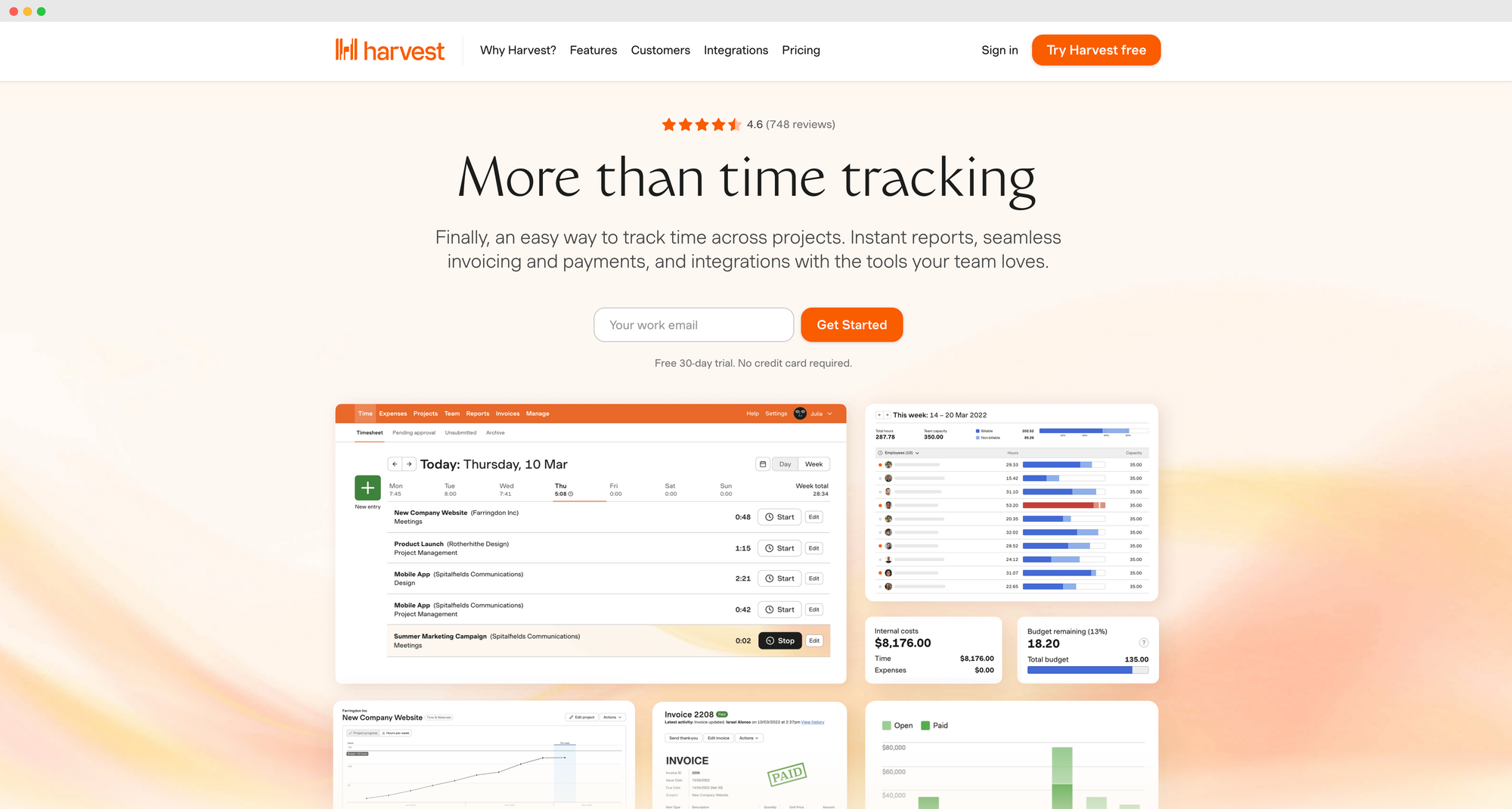 Harvest software interface showing time tracking, reporting, and invoicing features