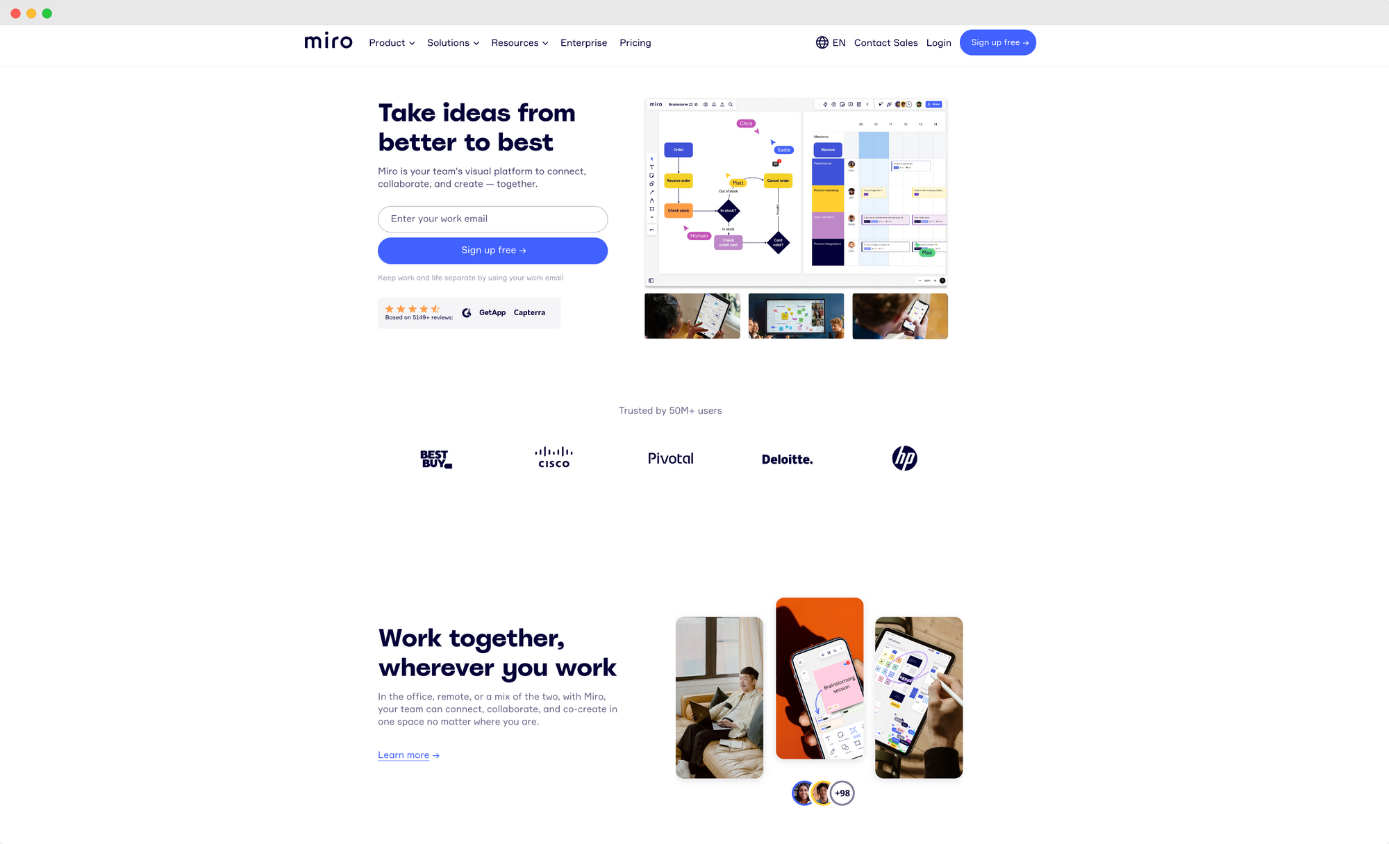 Homepage of Miro showcasing collaborative tools and client logos