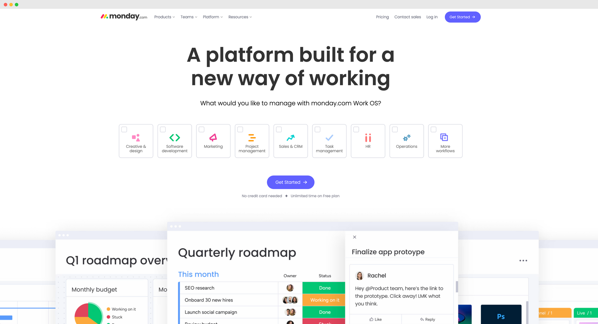 Monday.com's homepage with navigation options and workflow templates