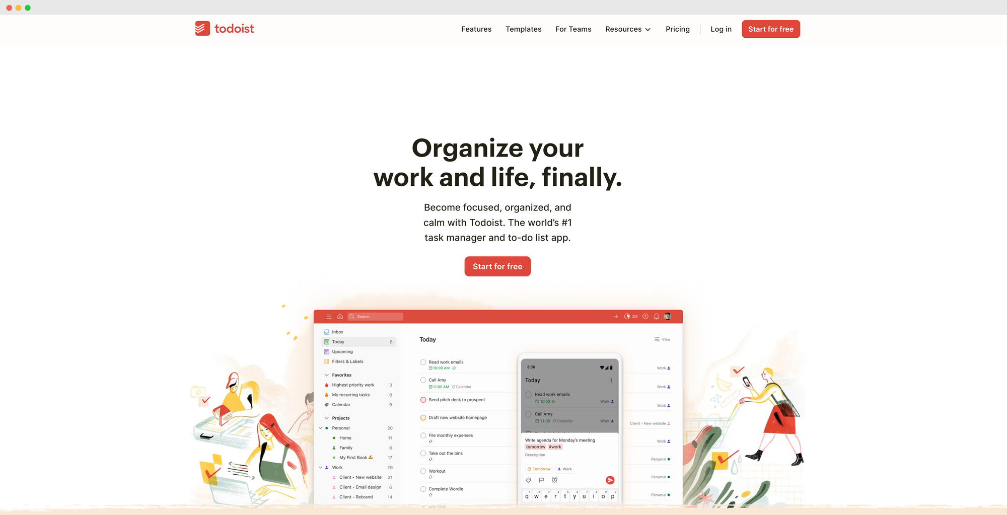 Todoist website showcasing task management tools and productivity illustrations