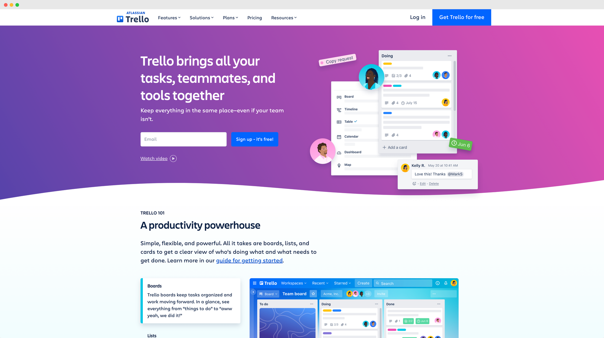 Screenshot of Trello's homepage, featuring task management tools and sign-up options