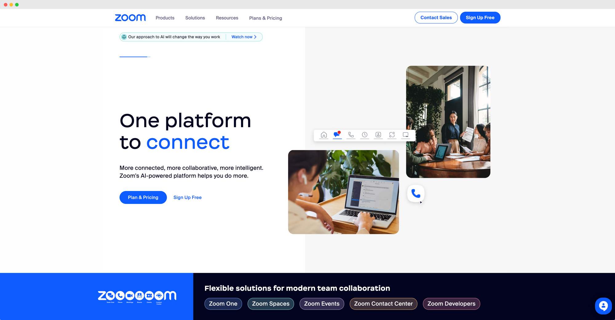 Zoom website's main page showing collaboration platform features