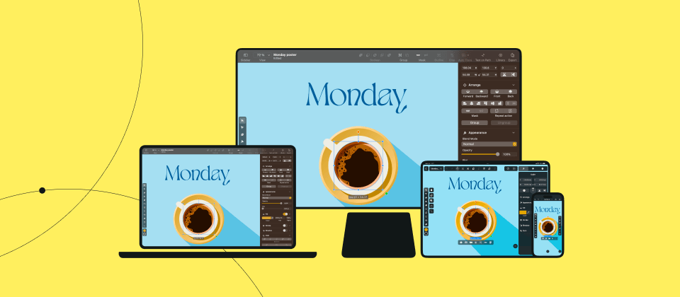 Devices displaying 'Monday' graphic design