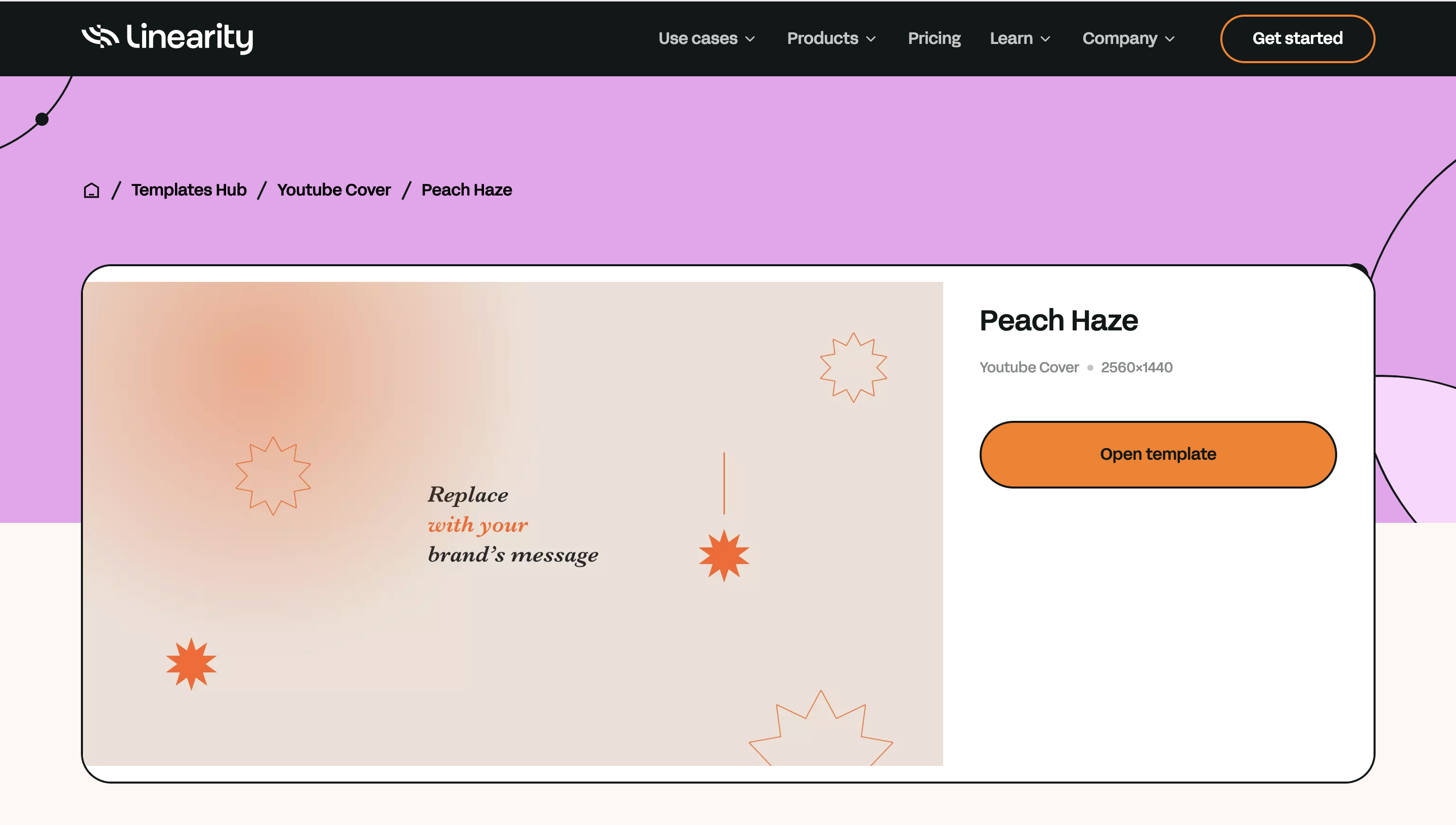 Template preview for 'Peach Haze' YouTube cover on Linearity website