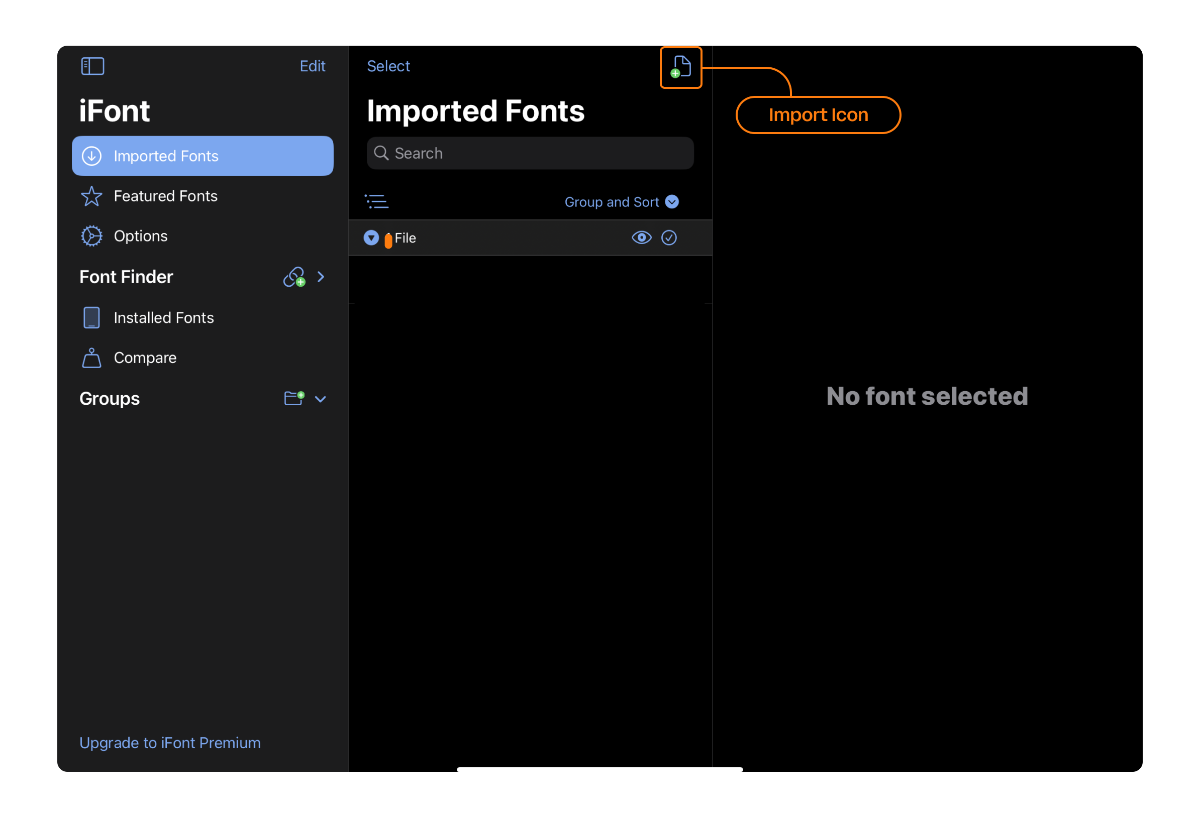 iFont interface highlighting the import icon