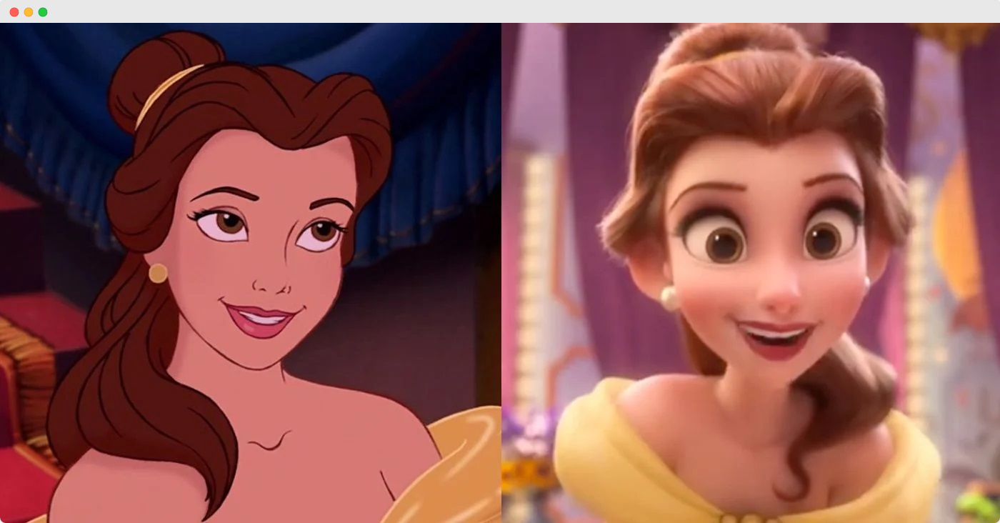 Comparison between the 2D and 3D animated character of Belle in Beauty and the Beast (1991)