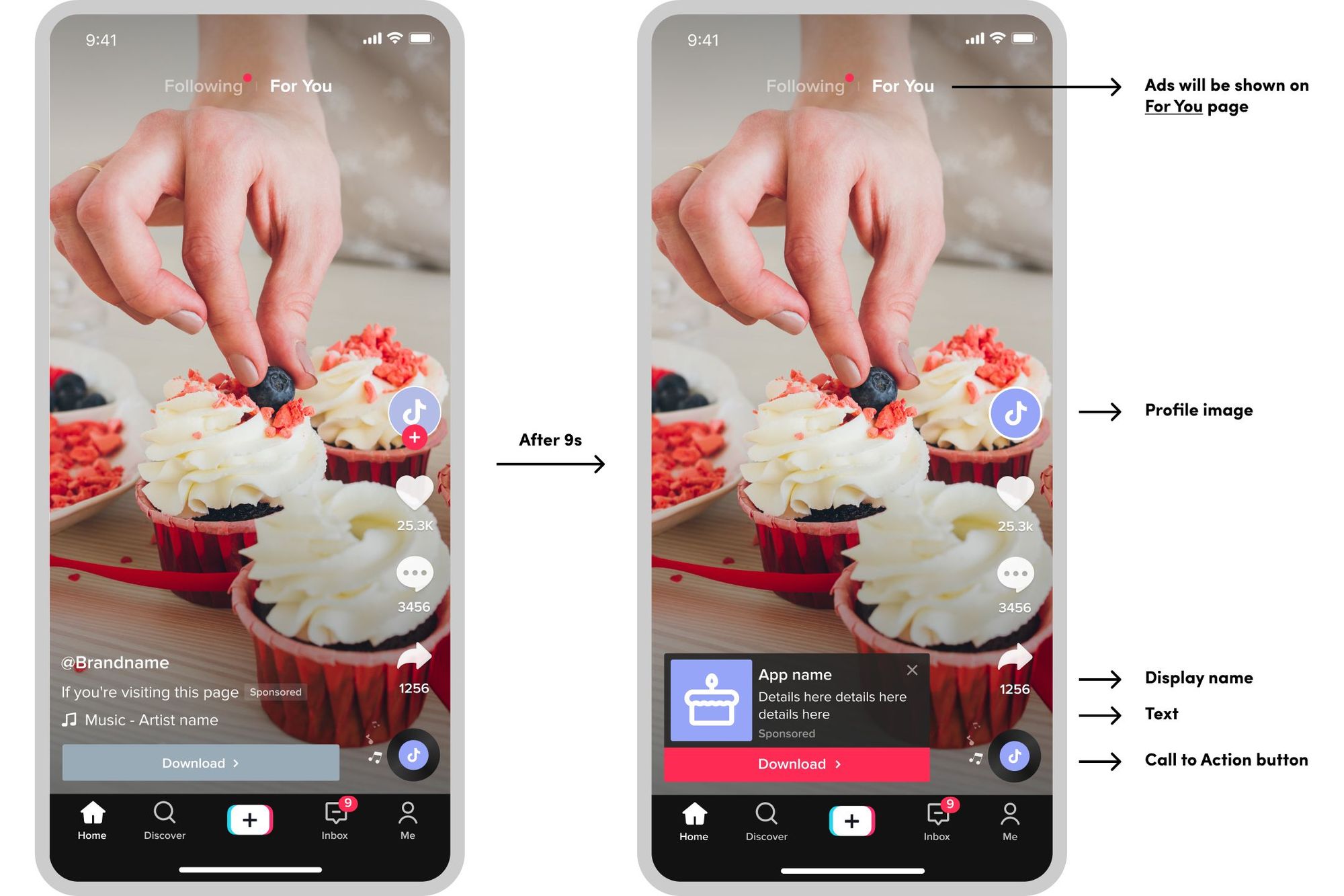A TikTok screen transition illustrating pre and post ad display with user interface elements.