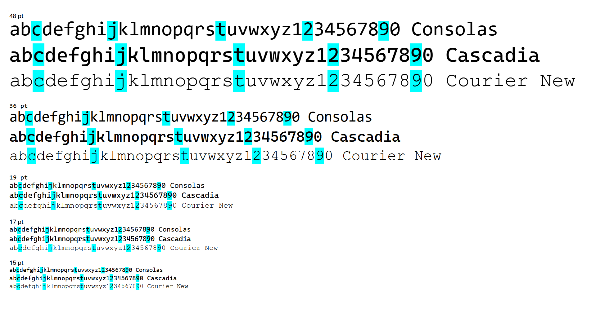 Consolas, Cascadia, and Courier New typefaces