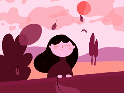 An example of a motion graphic (illustration of a girl with hair and leaves blowing in the wind)