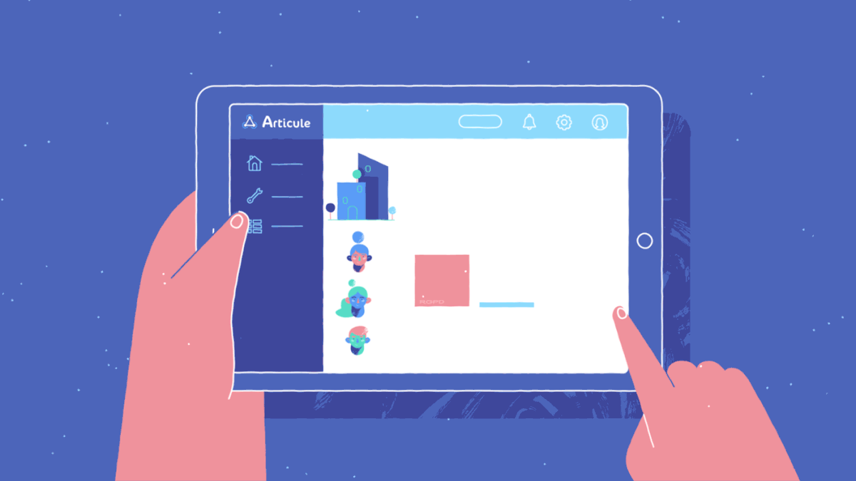 An animated explainer motion graphic with a hand gesturing over an ipad