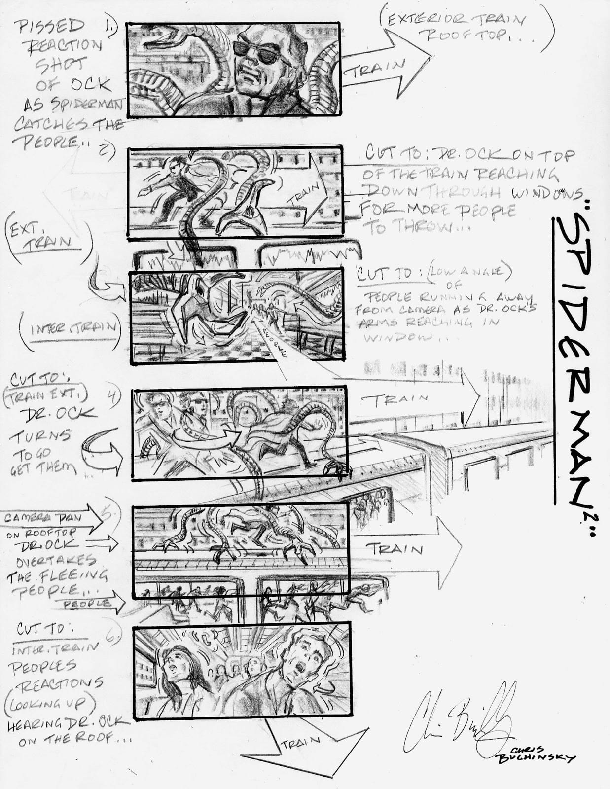 A storyboard of a scene in Spider-Man 2 depicting a battle between Dr. Octavius and Spiderman