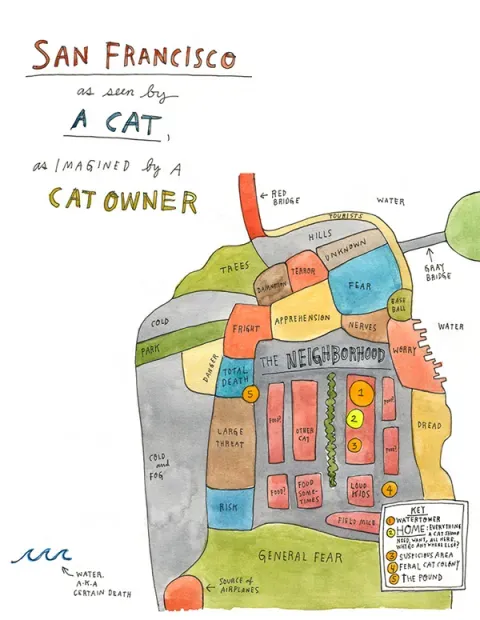 A creative infographic showing the route a lost cat might have taken