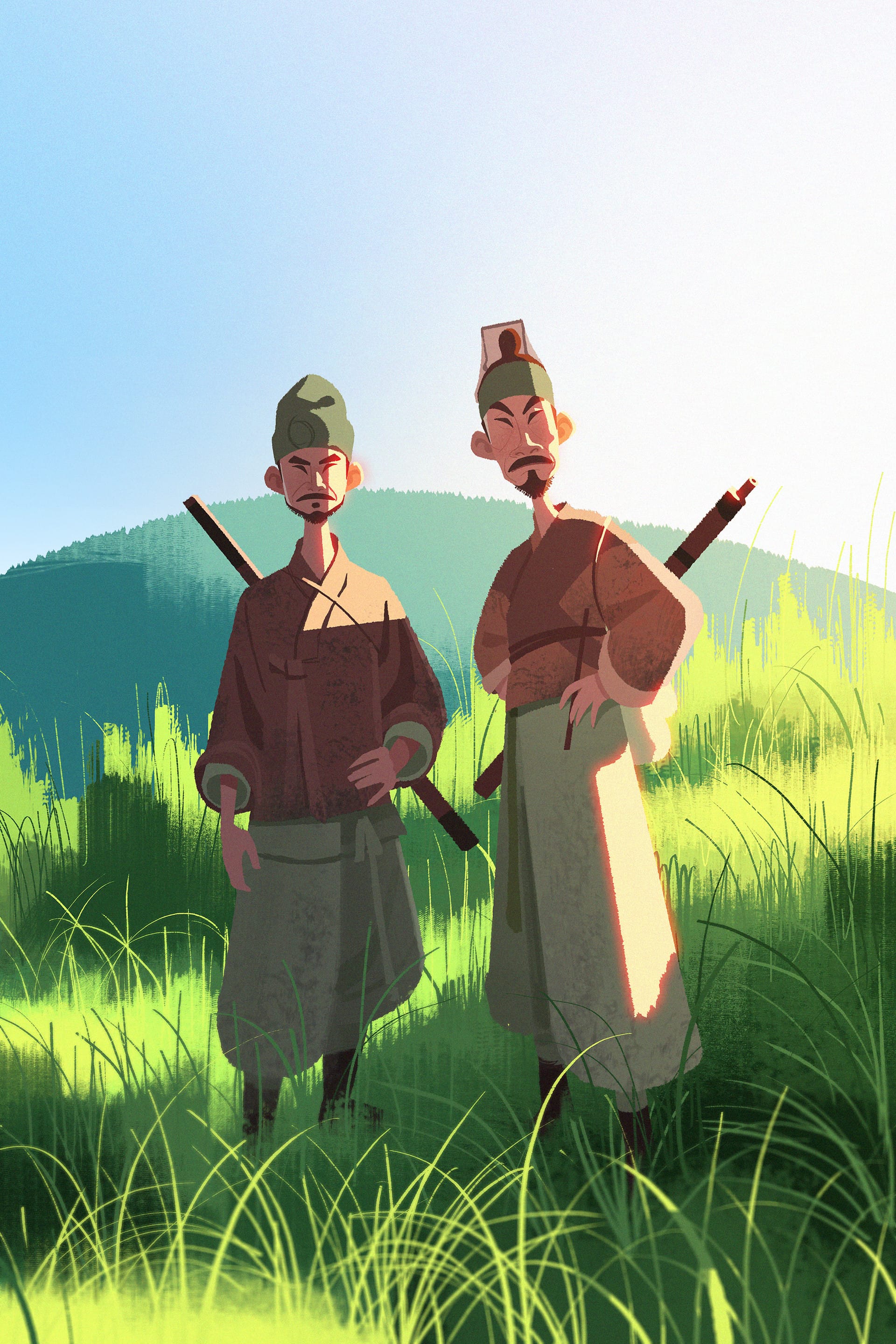 Illustration of two Asian men in a green field