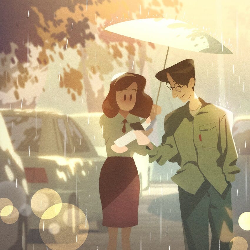 Illustration of a woman and a man walking in the rain together
