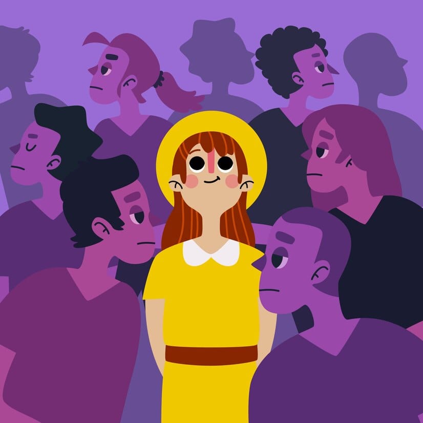 An illustration of a woman dressed in yellow in a crowded room of people dressed in purple