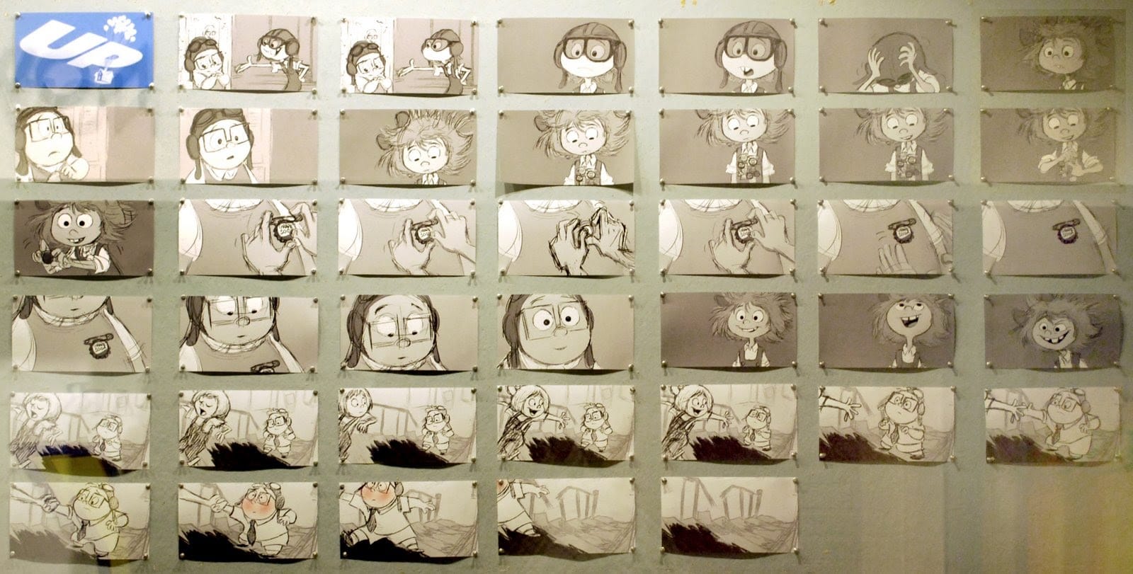 Storyboard of the different facial expressions and body movements for characters in Up (2009)