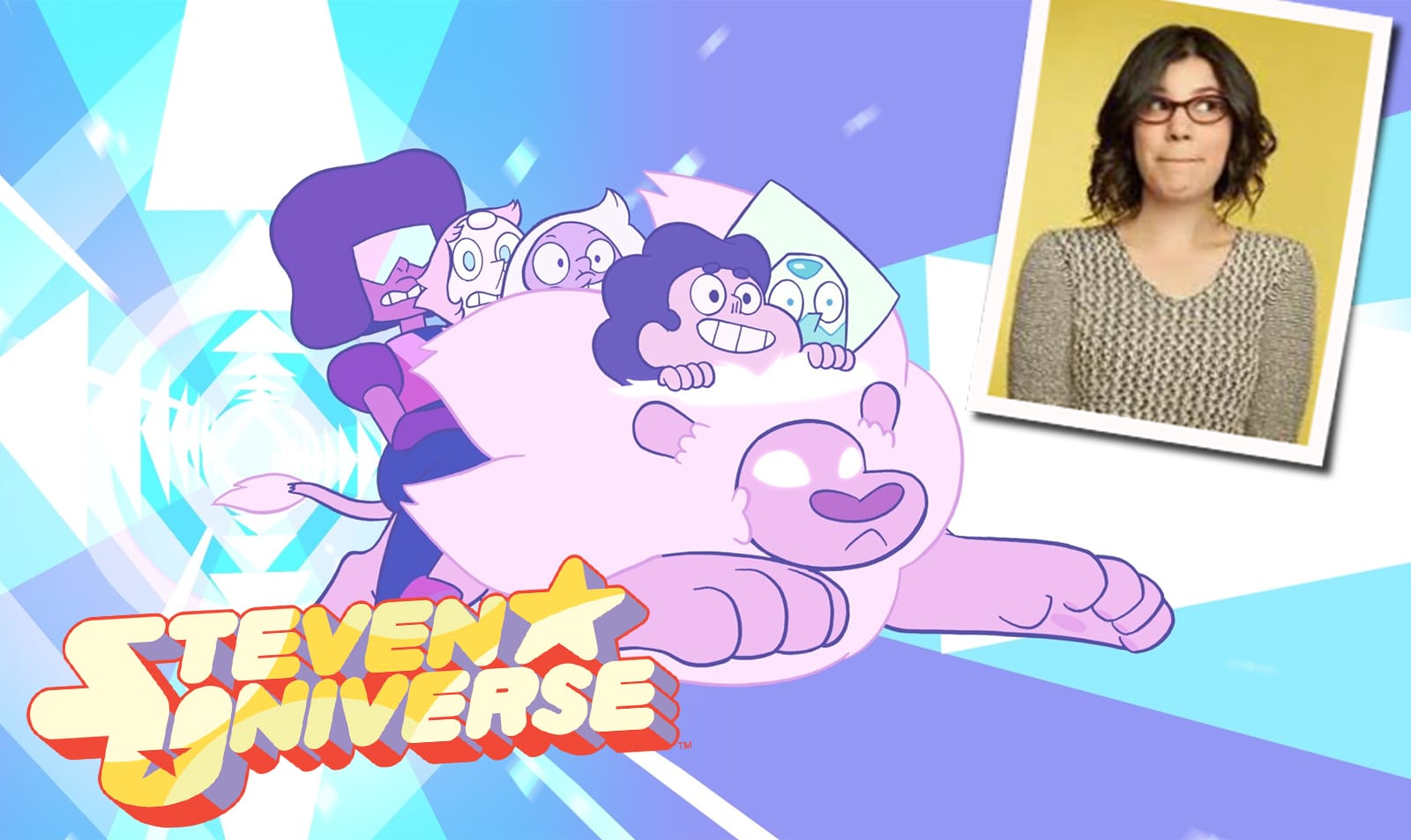 Image of steven universe cartoon with animator Rebecca Sugar portrait to the right