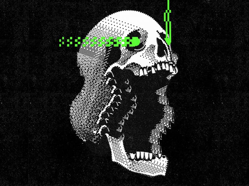 image of black and green skull glitch art