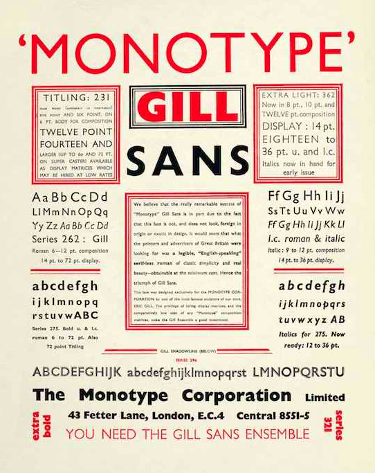 Type specimen for Gill Sans. 