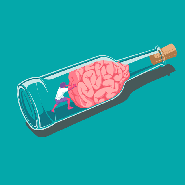 Cretaive block represented by a brain being pushed through a bottle